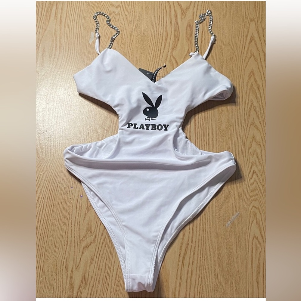 PLAYBOY White One-Piece with Black Logo and Chain Straps